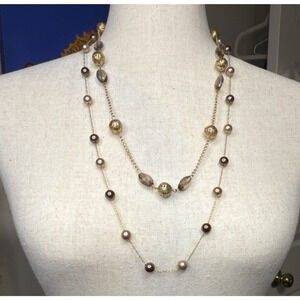 Necklace Set of 2  Gold Tone 30” Necklace Faux Pearls + Beaded Taupe Layering